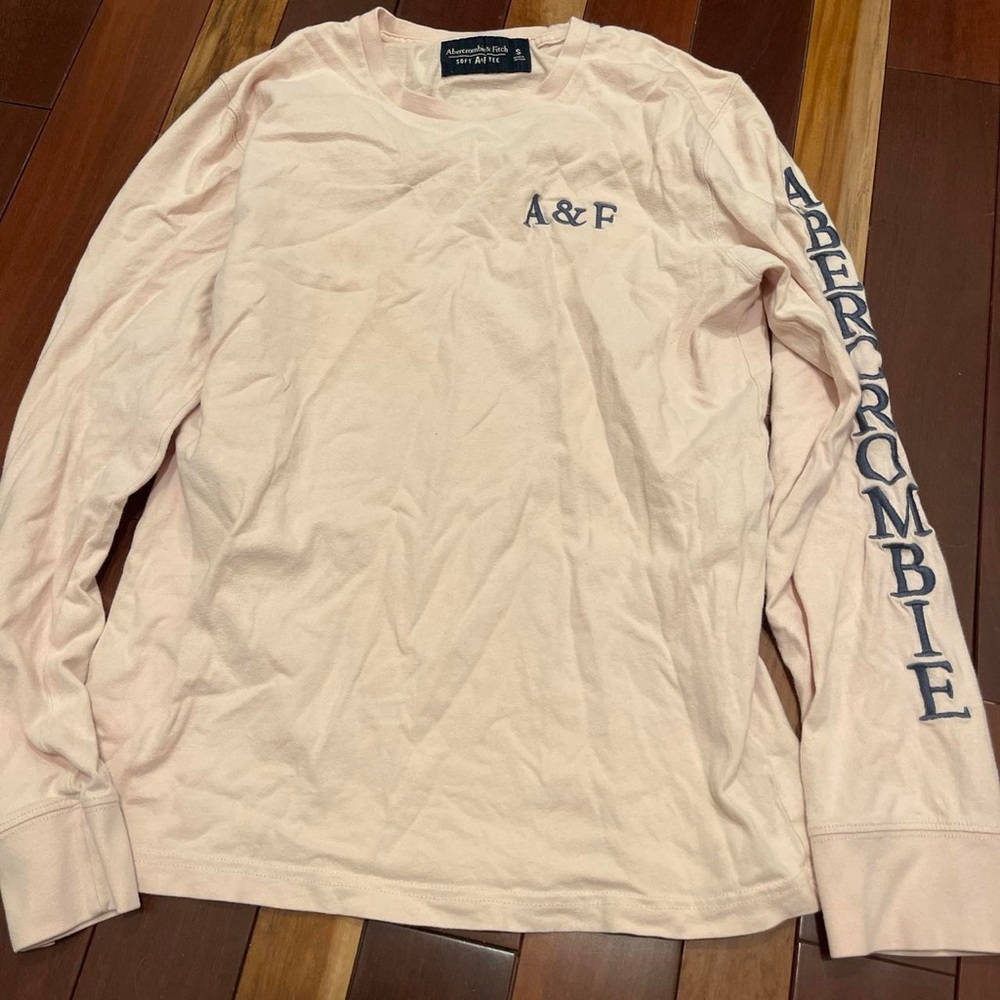 Abercrombie & Fitch Long-Sleeve Crew Shirt - Pale Pink with Navy Logo